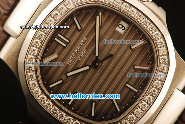 Patek Philippe Nautilus Swiss ETA 2824 Automatic Steel Case with Diamond Bezel and Brown Dial/Leather Strap-1:1 Original - Click Image to Close